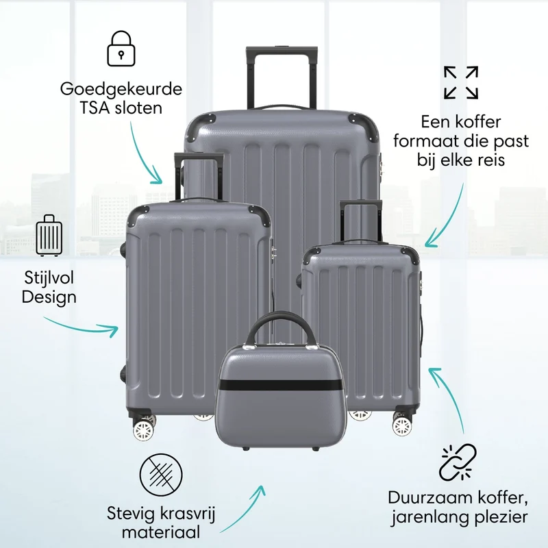 VOYAGOUX - Duurzame 4-delige ABS Reiskoffer Set - Donkergrijs - L / M / S / XS