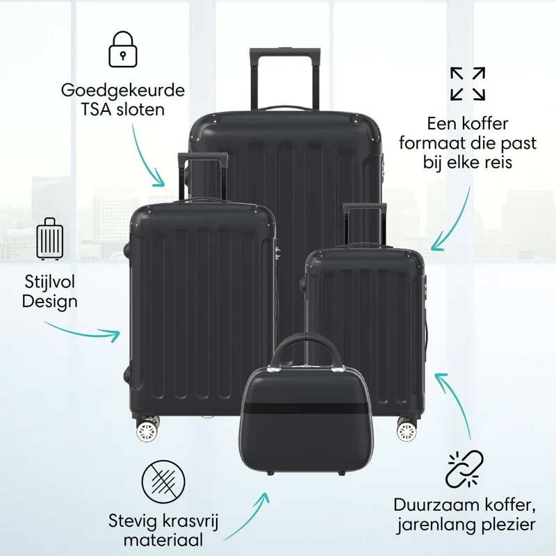 VOYAGOUX - Duurzame 4-delige ABS Reiskoffer Set - Zwart - L / M / S / XS