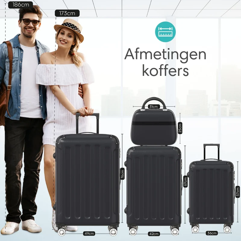 VOYAGOUX - Duurzame 4-delige ABS Reiskoffer Set - Zwart - L / M / S / XS