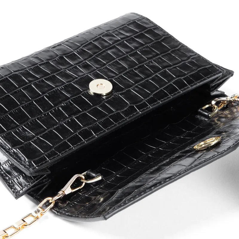Isabel Bernard Honoré Lina Croco Schwarze Clutch Mit Abnehmbarer Schulterkette IB21135-201