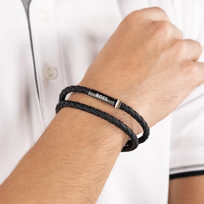 Hugo Boss Synthetische Faser Schwarzes Herren Geflochtenes Armband HBJ1580796