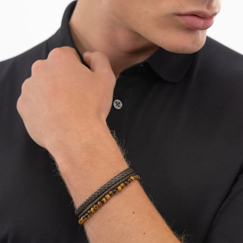 Hugo Boss BOSS Brown Leather Gemstone Bracelet HBJ1580787