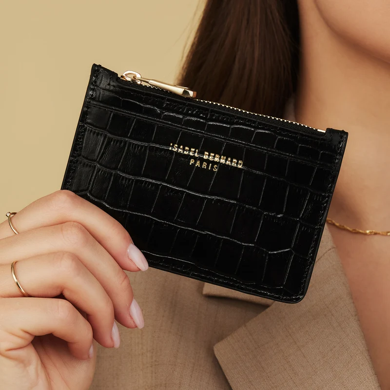 Isabel Bernard Honoré Aveline Kroko Schwarzes Damen Kartenhalter aus Kalbsleder IB27018