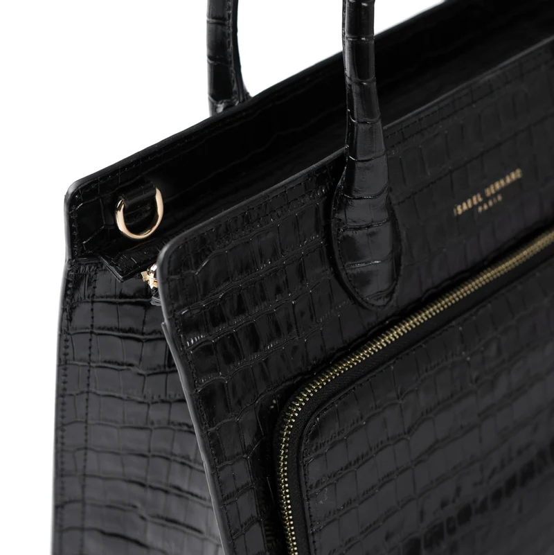 Isabel Bernard Honoré Nadine Kroko schwarze Handtasche aus Kalbsleder mit 13-Zoll-Laptopfach IB25110-201-13