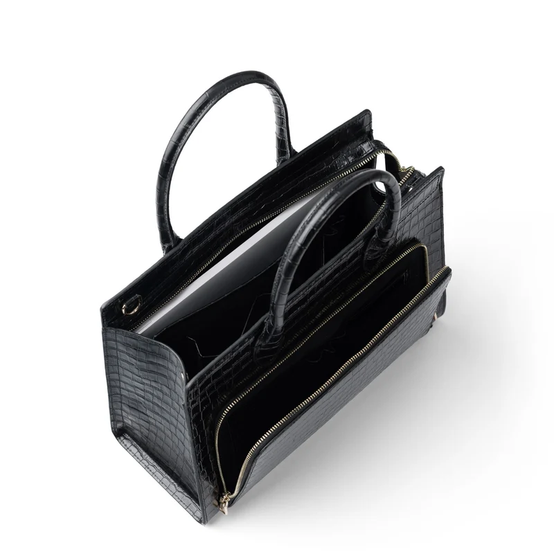 Isabel Bernard Honoré Nadine Kroko schwarze Handtasche aus Kalbsleder mit 13-Zoll-Laptopfach IB25110-201-13