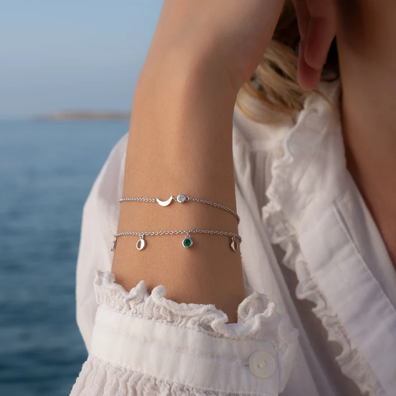 Violet Hamden Luna 925 Sterling Silbernes Armband mit Monden und Grünem Zirkonia-Stein VH320034